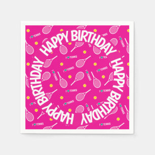 Bright pink I love tennis,  Happy Birthday Napkin