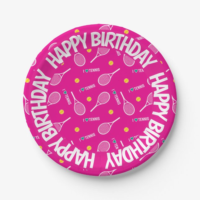 Bright pink I love tennis,  Happy Birthday Paper Plate (Front)