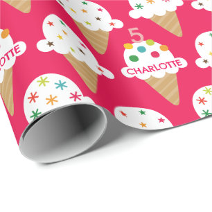 Bright Pink Ice Cream Cone Birthday Party Wrapping Paper