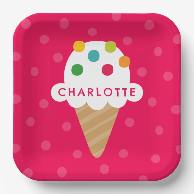 Bright Pink Ice Cream Cone Party Paper Plate (Front)