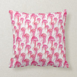 Bright Pink Jellyfish Watercolor Sea Creatures Cushion