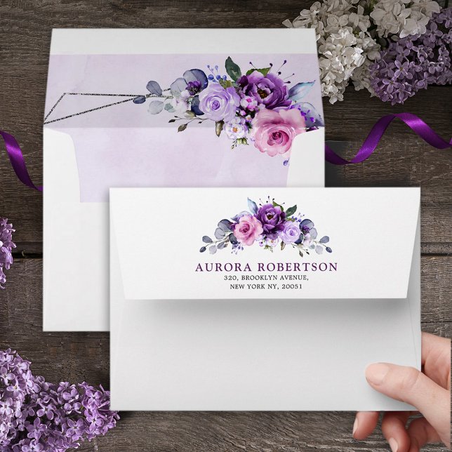 Bright Pink Lilac Purple Shades Flowers Wedding  Envelope (Bright pink, purple floral wedding invitation envelope.)