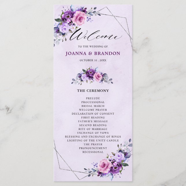 Bright Pink Lilac Purple Shades Flowers Wedding  Program (Front)