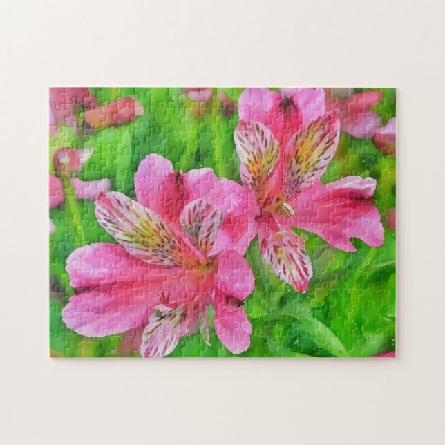 Bright Pink Lily Flowers Tropical Art Puzzle (Horizontal)