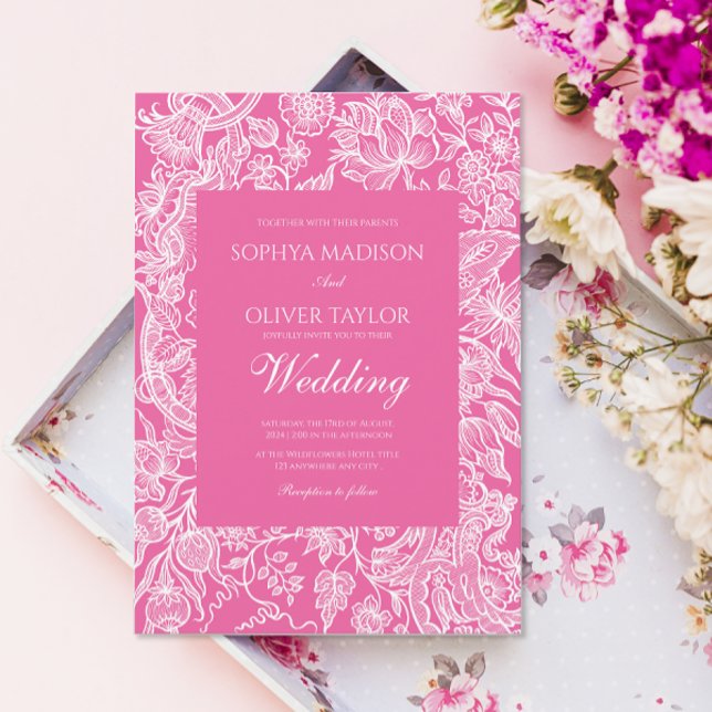 Bright Pink Line Art Wildflower  Invitation (Creator Uploaded)