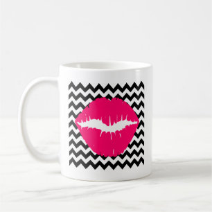 Bright Pink Lips on Black and White Zigzag Coffee Mug