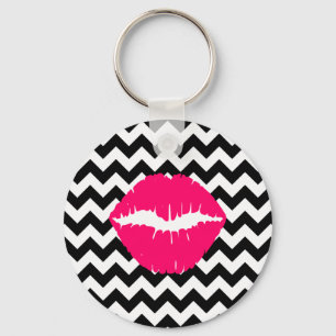 Bright Pink Lips on Black and White Zigzag Key Ring