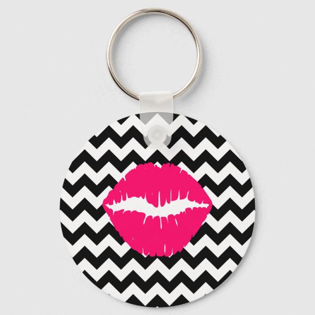 Bright Pink Lips on Black and White Zigzag Key Ring (Front)