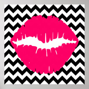 Bright Pink Lips on Black and White Zigzag Poster