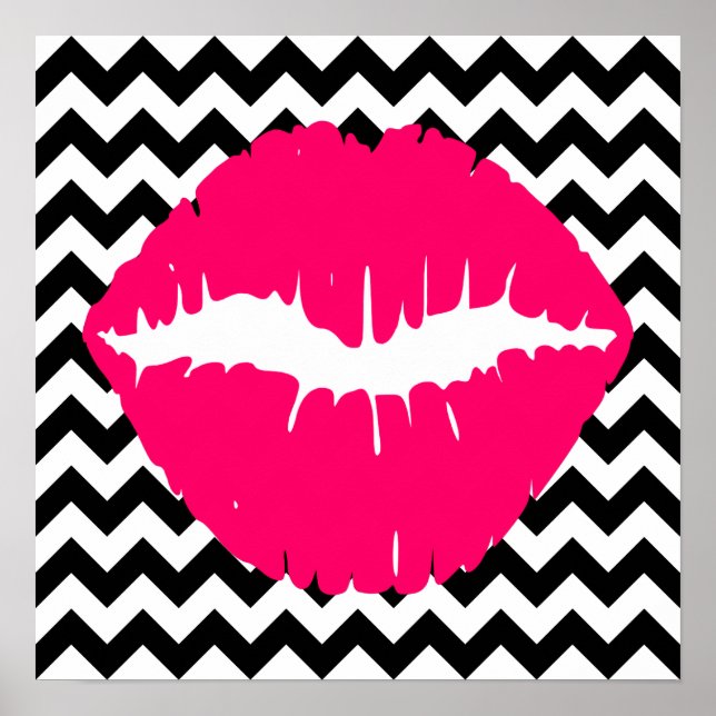Bright Pink Lips on Black and White Zigzag Poster (Front)