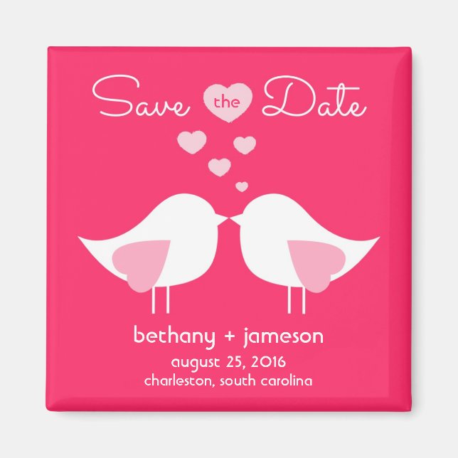 Bright Pink Love Birds Save the Date Magnet (Front)