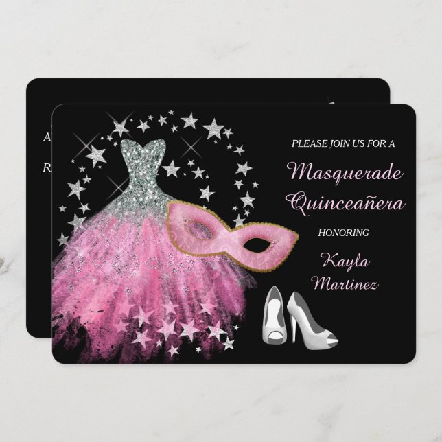 Bright Pink Masquerade Quinceanera Invitation (Front/Back)