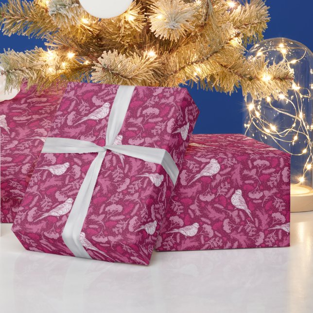 Bright Pink Mauve Winter White Bird Floral Pattern Wrapping Paper (Holidays)