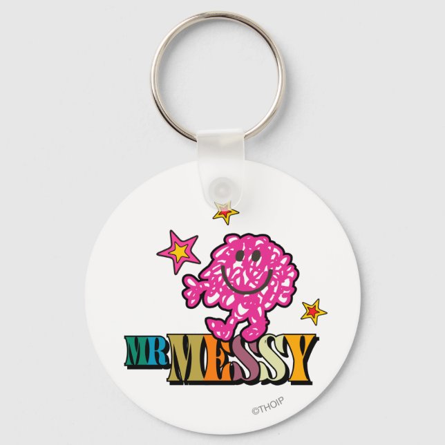 Bright Pink Mr. Messy | Sparkling Stars Key Ring (Front)