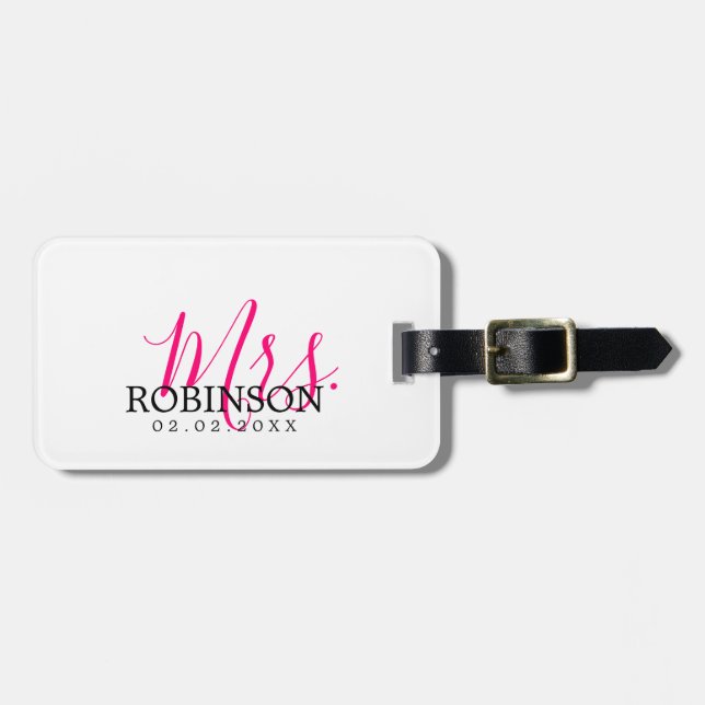 Bright Pink Mr. & Mrs. "Last Name" Luggage Tag (Front Horizontal)