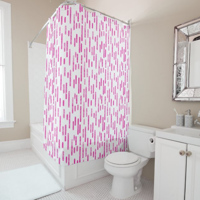 Bright Pink on White Inky Rounded Lines Pattern Shower Curtain (In Situ)