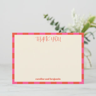 Bright Pink Orange Chequerboard Personalised Names Thank You Card
