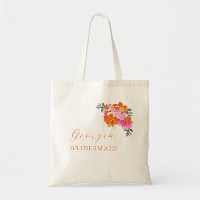 Bright Pink Orange Floral Bridesmaid Name Wedding Tote Bag (Front)