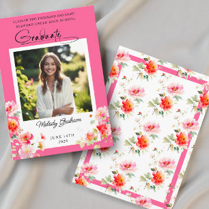 Bright Pink Orange Floral Graduation Announcement
