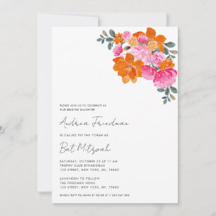 Bright Pink Orange Floral Vibrant Bat Mitzvah Invitation