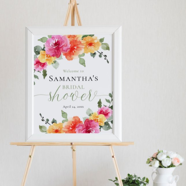 Bright pink orange peony bridal shower welcome poster (Creator Uploaded)