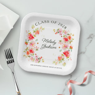 Bright Pink Orange Red Floral Class of Graduation Paper Plate