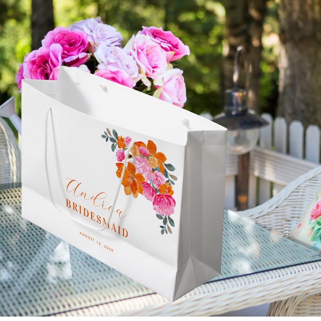 Bright Pink Orange Vibrant Floral Bridesmaid Large Gift Bag (Creator Uploaded)
