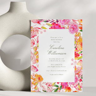 Bright Pink Orange Watercolor Floral Baby Shower Invitation