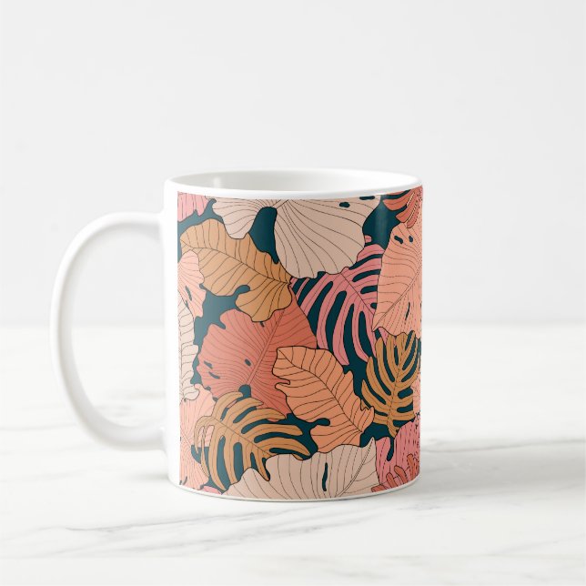 Bright pink, orange, yellow leaves of monstera and coffee mug (Left)
