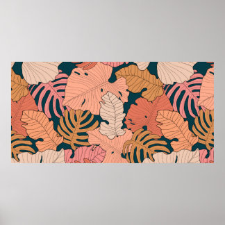 Bright pink, orange, yellow leaves of monstera and poster