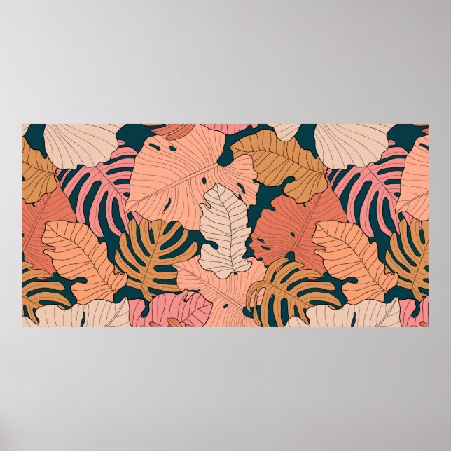 Bright pink, orange, yellow leaves of monstera and poster (Front)