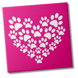 Bright Pink Paw Print Heart Ceramic Tile