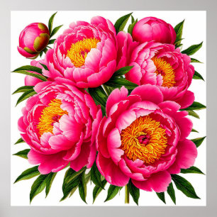 Bright Pink Peony Bouquet With Green Leaves Poster