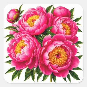 Bright Pink Peony Bouquet With Green Leaves Square Sticker