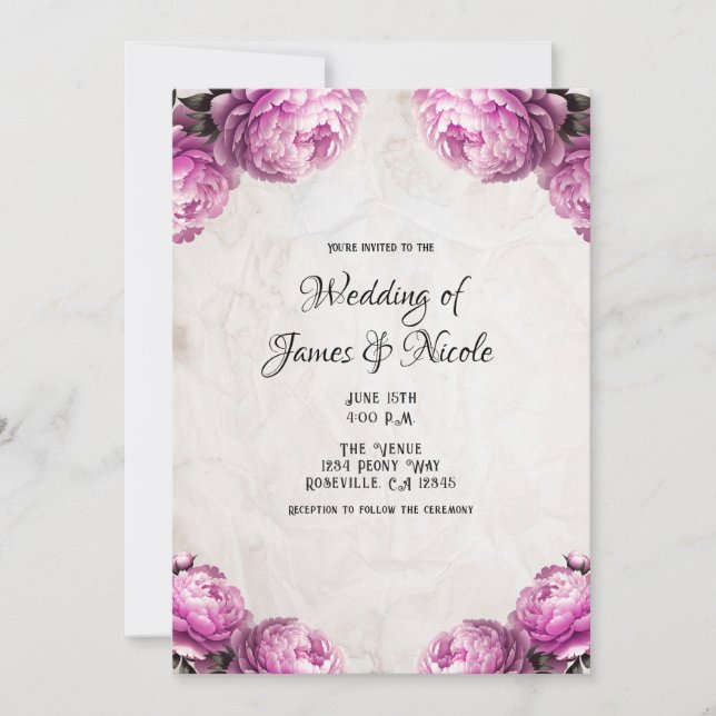 Bright Pink Peony Flowers Vintage Rustic Wedding  Invitation (Front)