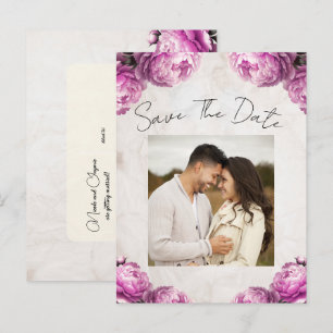Bright Pink Peony Flowers Vintage Save the Date Announcement Postcard