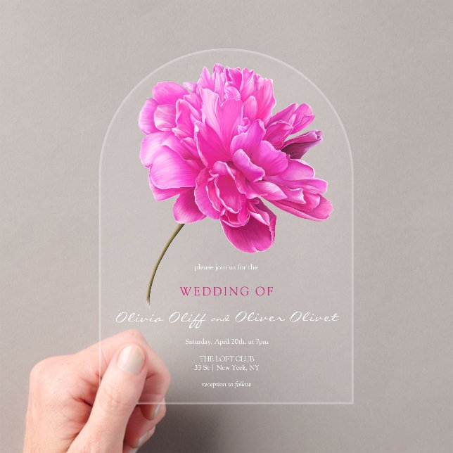 Bright Pink Peony Wedding Acrylic Invitations (Insitu (Handheld))