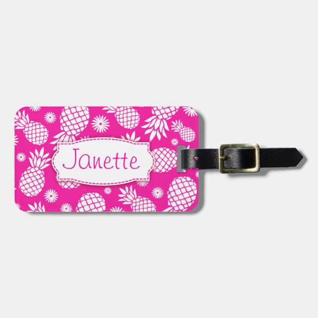Bright pink pineapple and flower named luggage tag (Front Horizontal)