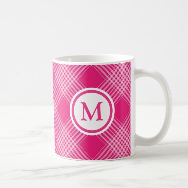 Bright Pink Plaid Monogram Coffee Mug (Right)