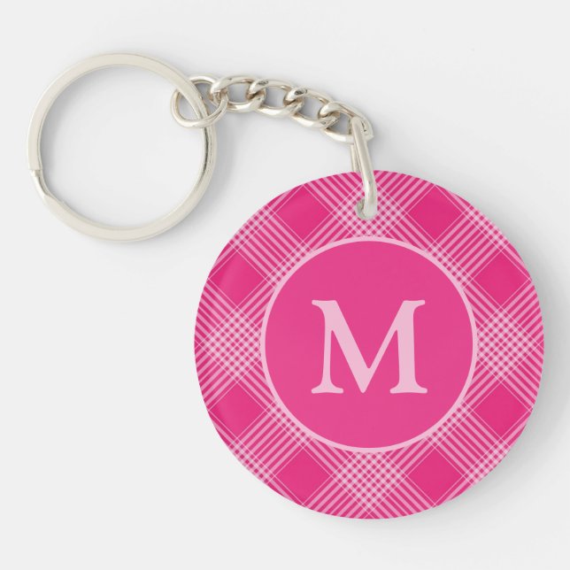 Bright Pink Plaid Stylish Monogram Key Ring (Front)