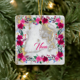 Bright Pink Poinsettia On Marble  Nana Ceramic Ornament