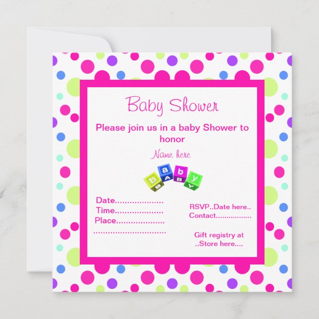 BRIGHT PINK POLKA DOT BLOCKS BABY SHOWER INVITATIO INVITATION (Front)