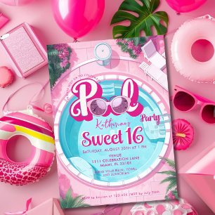 Bright Pink Pool Party Girly Sweet 16 Sixteen Invitation