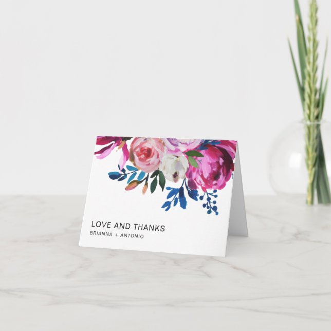 Bright Pink Purple Floral Modern Wedding Thank You Card (Front)