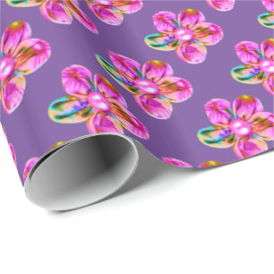 Bright pink, purple hand sewn flowers wrapping paper