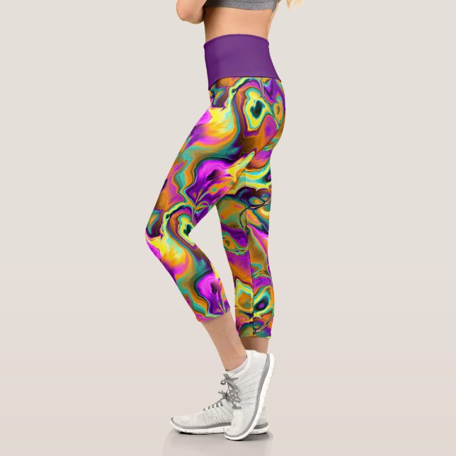 Bright Pink Purple Teal Turquoise Marble Fractals Capri Leggings (Left)