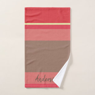 BRIGHT PINK RED BROWN VINTAGE STRIPS PERSONALISED BATH TOWEL SET