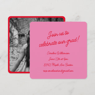 Bright Pink Red Script Photo Chic Graduation Party Invitation