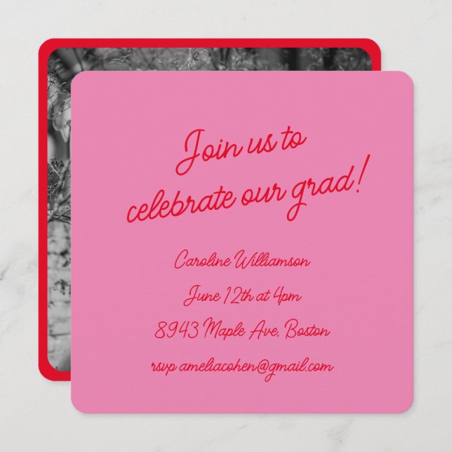 Bright Pink Red Script Photo Chic Graduation Party Invitation (Front/Back)