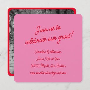 Bright Pink Red Script Photo Chic Graduation Party Invitation